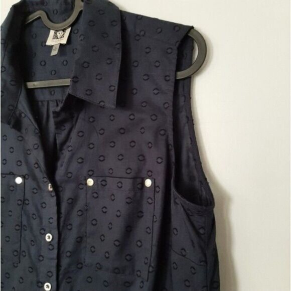 ANNE KLEIN Sleeveless Blouse Bottom Tie Semisheer Navy Blue Sz S - Picture 2 of 13